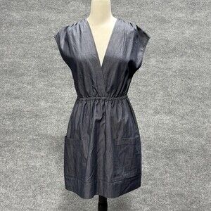Final Touch Dress Womens Large Blue Chambray V Neck Elastic Waist Pockets